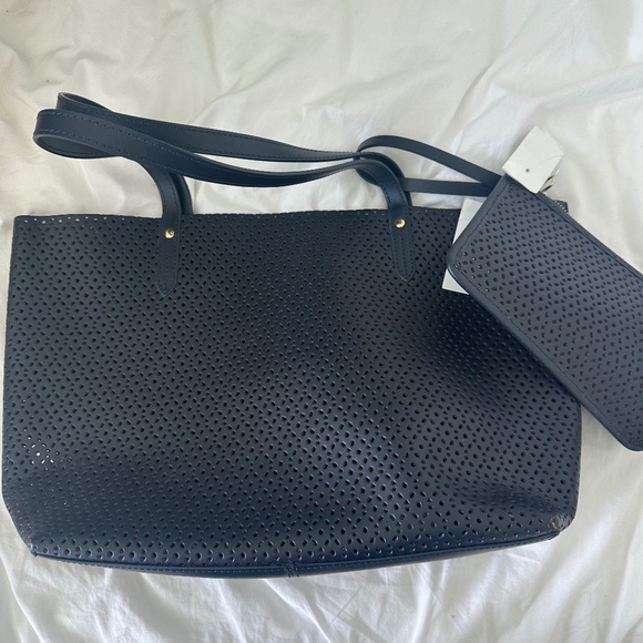 Barneys NY Perforated Navy Blue Leather Tote Bag with mini bag inside - Picture 1 of 1